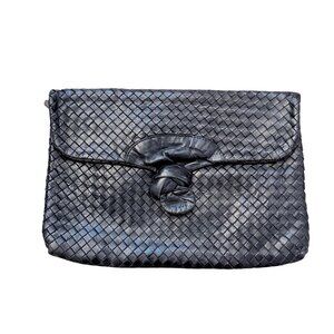 Cosci Women's Clutch Purse Black Leather Woven Handmade Vintage Made In Italy